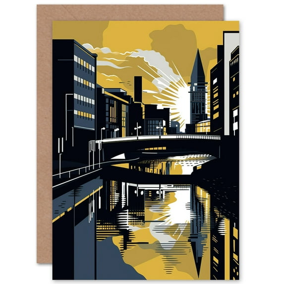 Glasgow River Cityscape Sunrise Geometric Linocut Travel Birthday Greeting Card Plus Envelope Blank inside