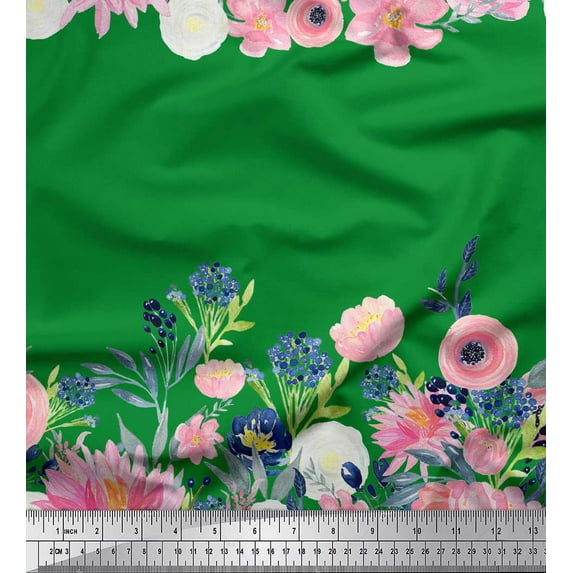 Soimoi Green Cotton Duck Fabric Ranunculus & Chrysanthemum Floral Printed Fabric 1 Yard 58 Inch Wide