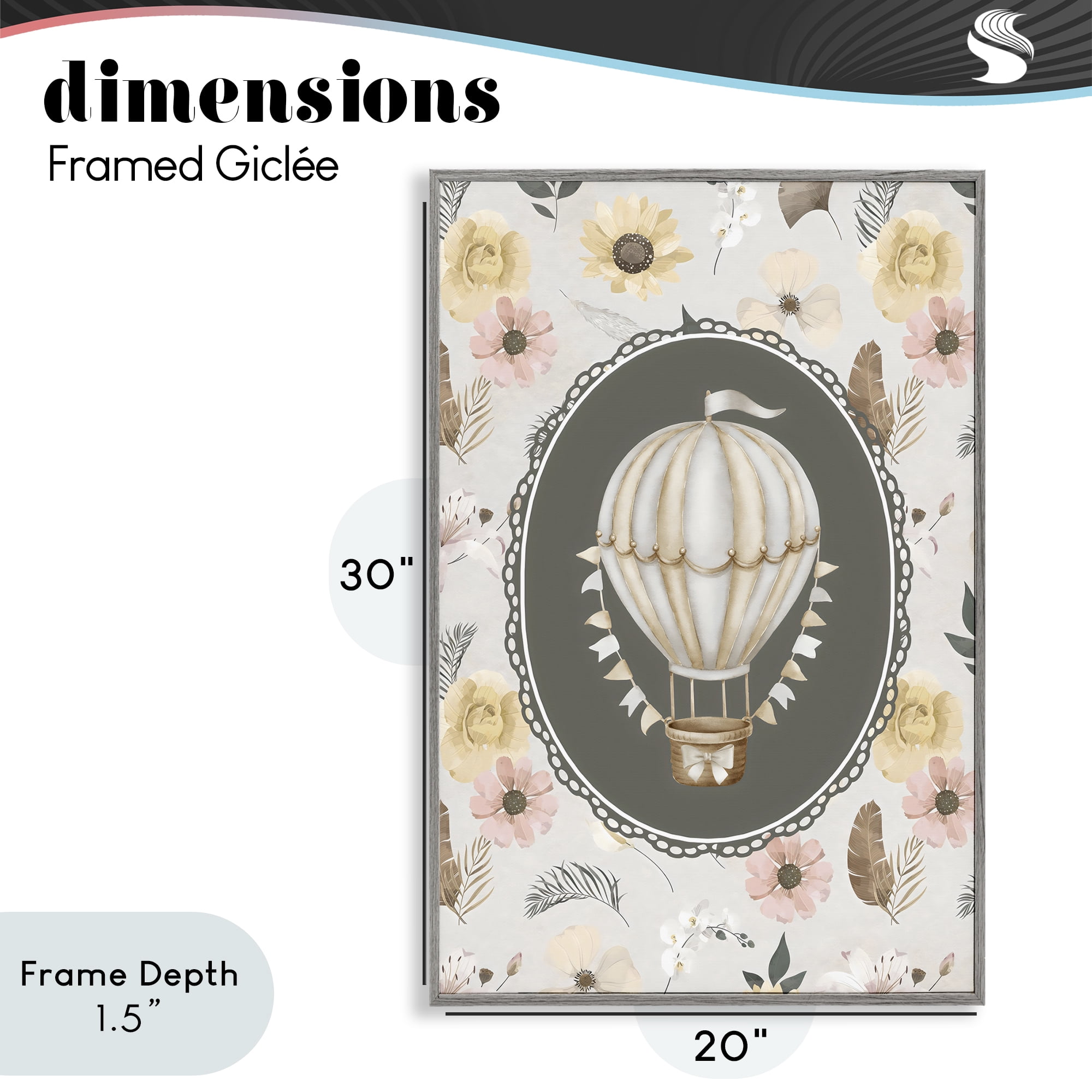 Stupell Industries Sunnyside Balloon over Florals Gray Framed Giclee Art, design by Ink Drop Loft