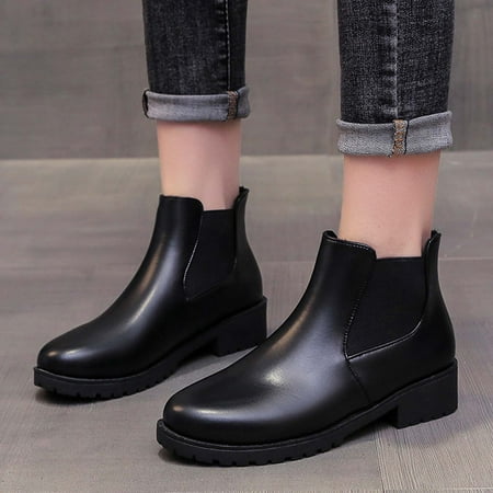 

TIANEK Fall Winter Keep Warm Solid Color Short Chunky Heel Middle Heel Round-Toe Black Western Boots for Women Reduced