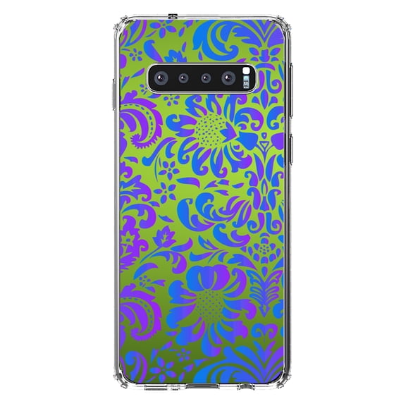 DistinctInk Clear Shockproof Hybrid Case for Samsung Galaxy S10 (6.1" Screen) - TPU Bumper, Acrylic Back, Tempered Glass Screen Protector - Green Purple Blue Floral Pattern