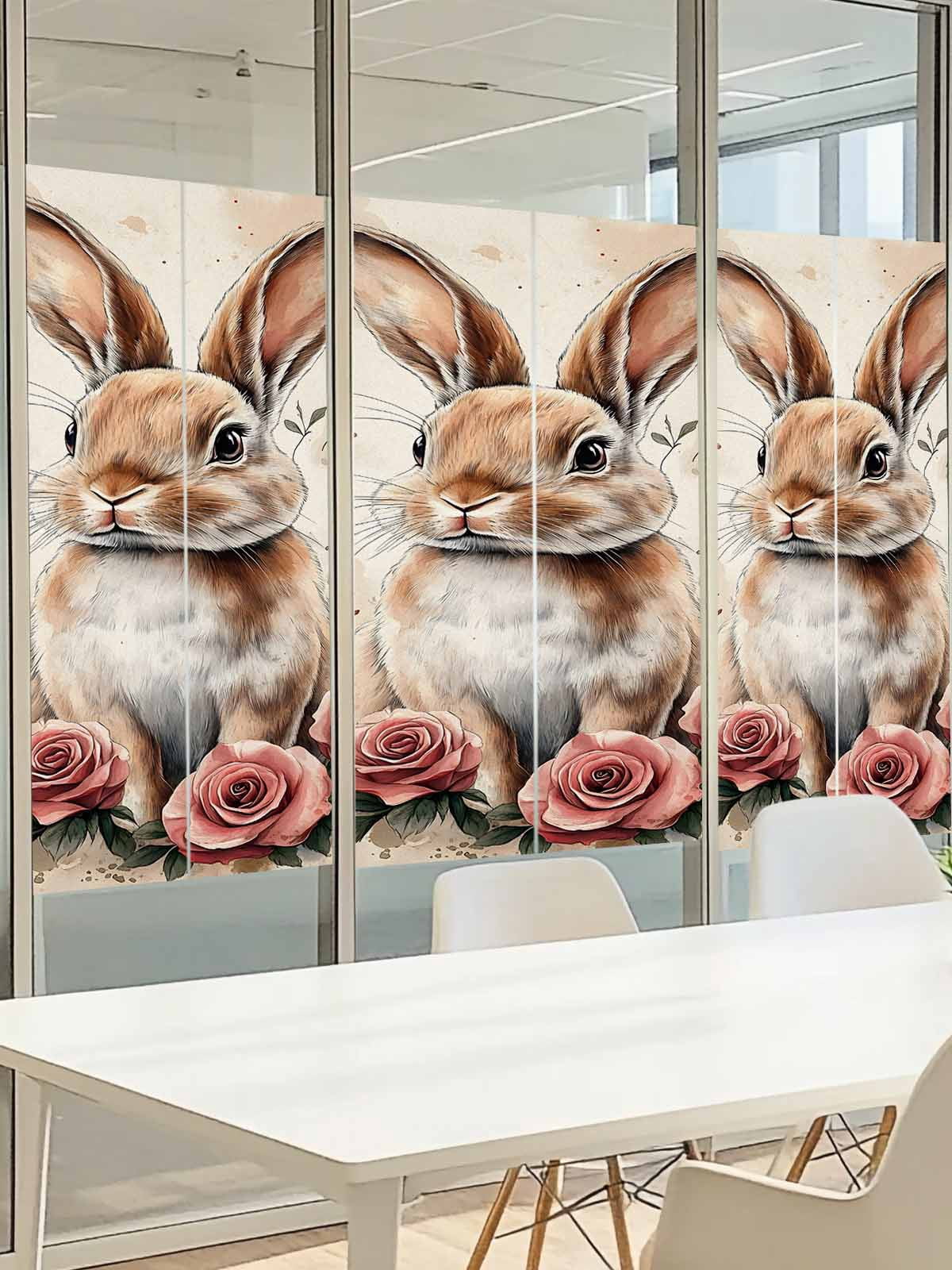 Egg Bunny Window Privacy Film, Retro Rose Frosted Glass Window Clings Static Cling UV Heat Blocking Reusable Door Sticker for Bathroom 23.6 x 59 Inch