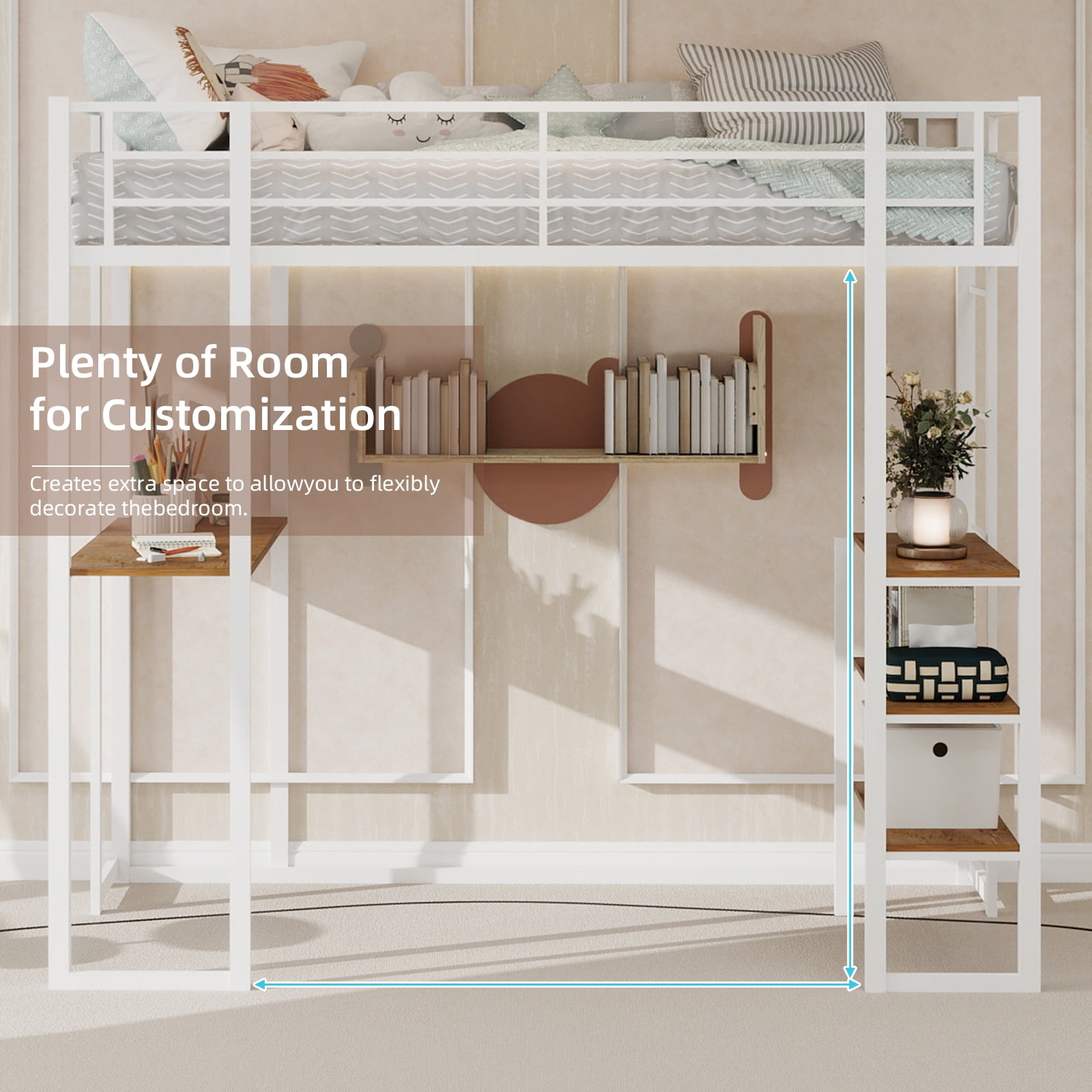 Alvantor Loft Bed Twin Size with Desk, Metal Bed Frame with Open Shelves for Kids/Teens, No Box Spring Needed White