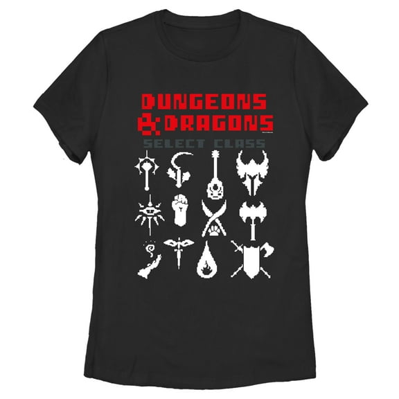 Women's Dungeons & Dragons Select Class 8-bit Pixel Symbols  Graphic Tee Black 2X Large