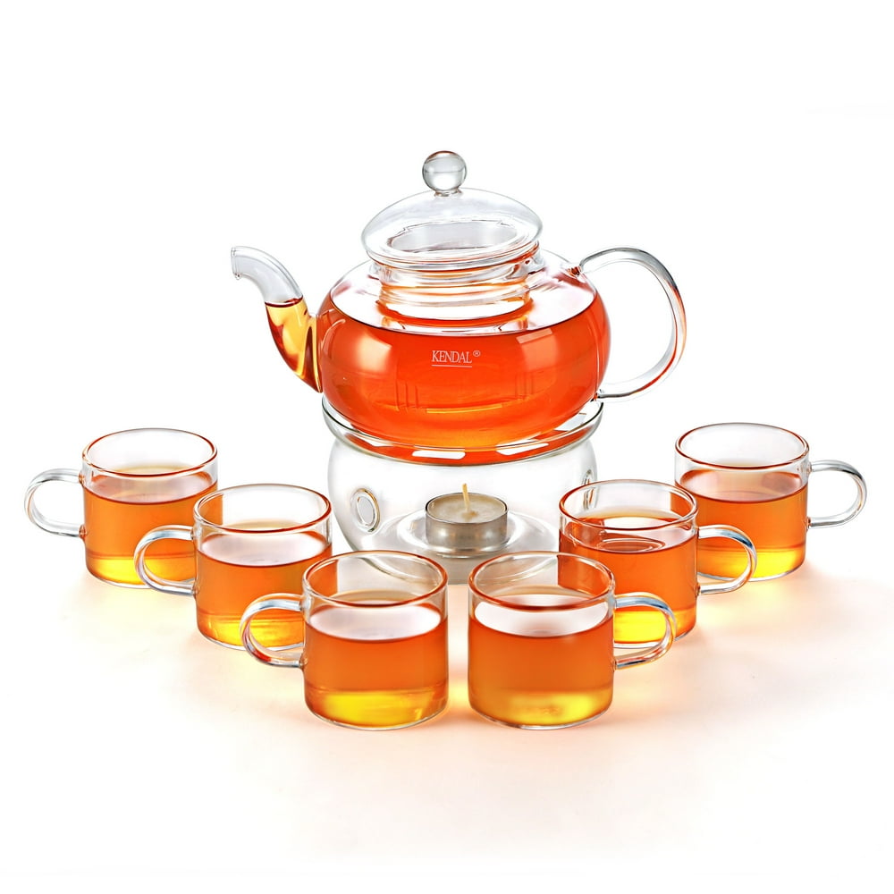 27 oz glass filtering tea maker teapot with a warmer and 6 tea cups CJ