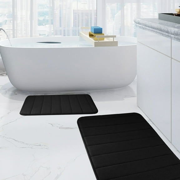 2 Piece Memory Foam Bath Mat Set Thick Bathroom Rugs Soft Bath Mats for Bathroom Extra Absorbent Floor Mats Bath Rugs Set for Kitchen/Living Room(20" x 32"/17" x 24", Black)
