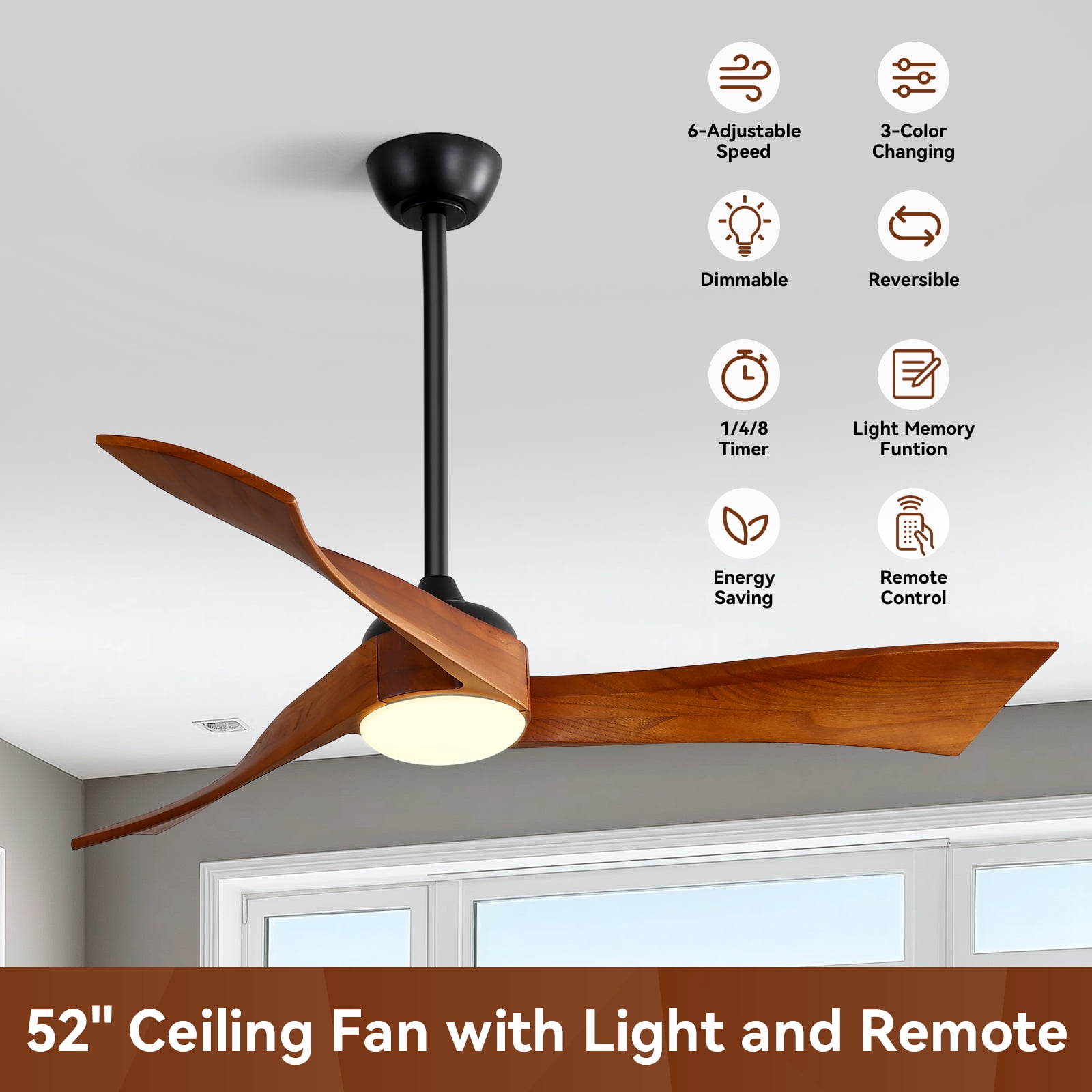 Sofucor 52 Inch Ceiling Fan with Light and Remote, Modern 3 Solid Wood Blades Ceiling Fan, 6 Speeds 5500CFM, Dimmable 3-Color LED with Memory, Timer & Quiet & Reversible DC Motor, ETL, Walnut Wood