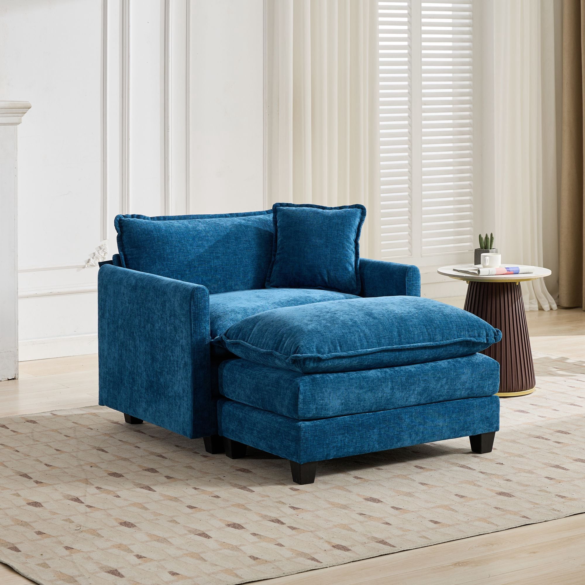 Cloud Sofa Ottoman Only, Modern Modular Sectional Ottoman, Breathable Chenille Fabric Upholstered Footrest with Double Layer Cushion, Accent Bench for Living Room Bedroom Apartment, Blue