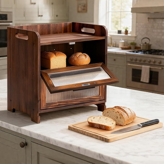Kitchen Counter Bread Box, Wooden Double Layer Bread Storage with Pine Cutting Board, Acrylic Window and Air Vents, Large Capacity, Brown