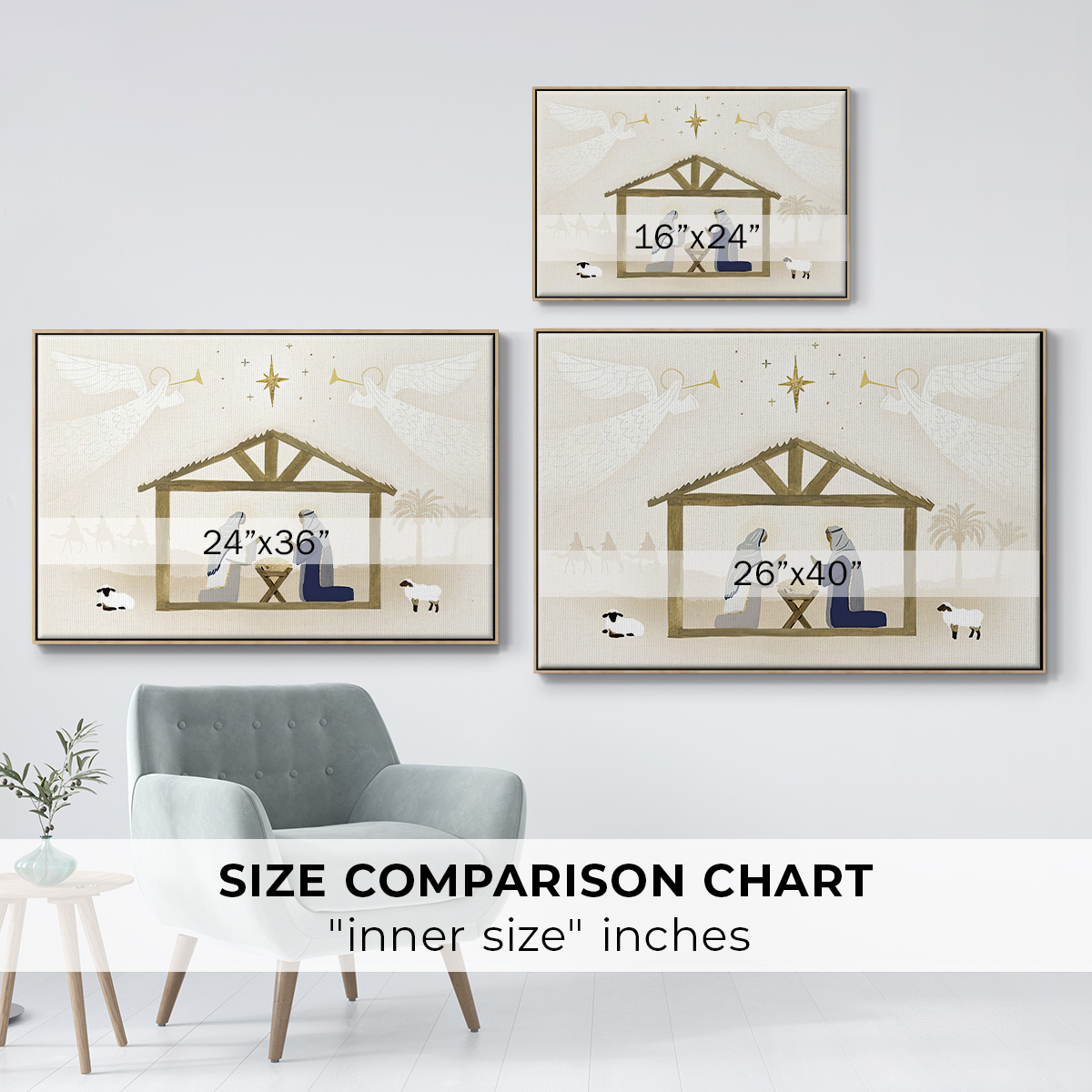 Away in a Manger Collection A - Framed Gallery Wrapped Holiday Canvas - 17 x 25 - Natural Wood Frame