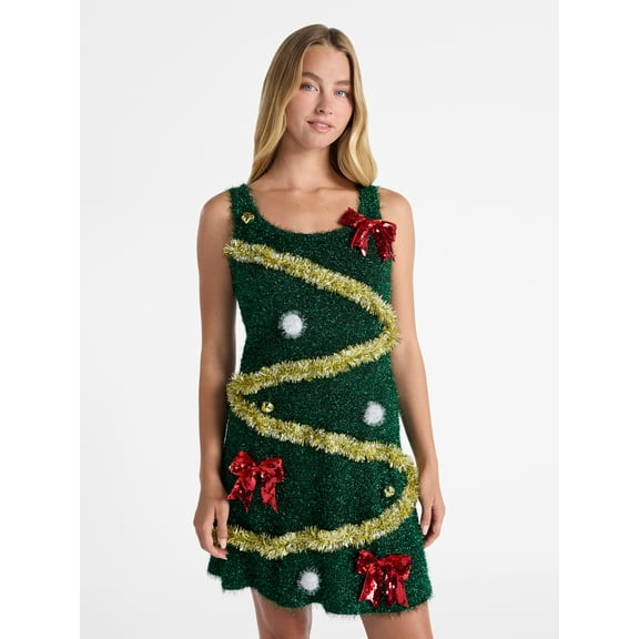 No Boundaries Christmas Tree Tinsel Mini Dress, Women’s