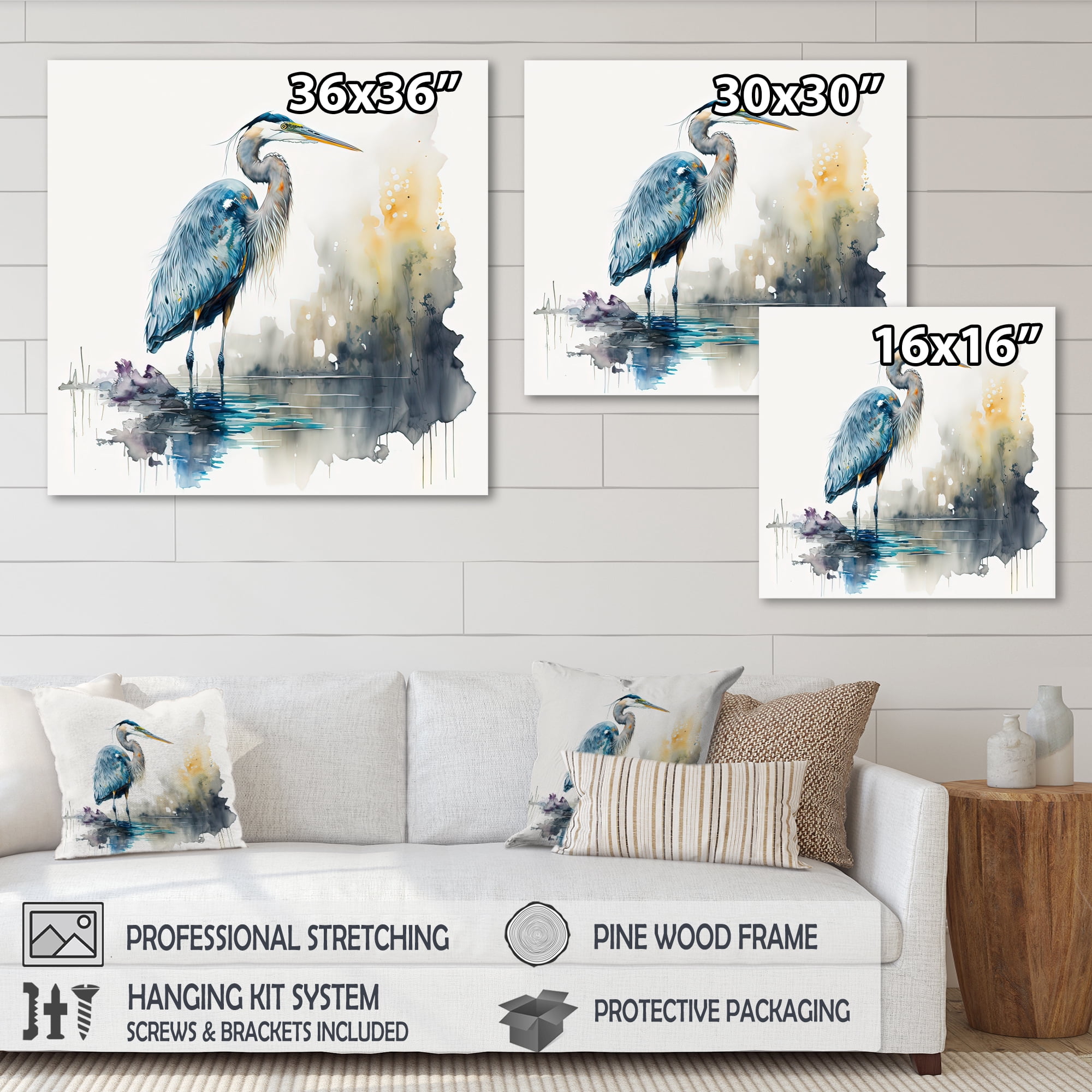 Designart Cute Heron In A Lake Floral Art III Canvas Wall Art