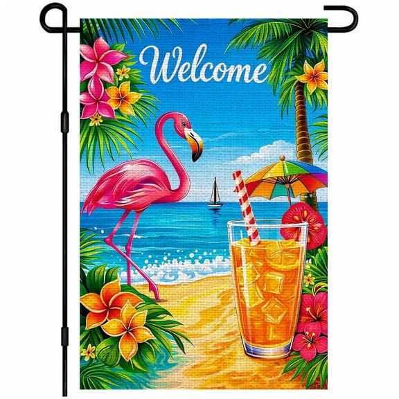 Burlap Double Sided Flamingo Welcome Garden Flag 12x18 Tropical Citrus Drink Beach Outdoor Yard Decoration
