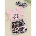 thumbnail image 3 of Nygoyerh Infant Girls Casual Shorts Sets Baby Fly Sleeve Letter Print Romper + Cute Print Waist Tie Shorts + Headband 3Pcs Newborn Sweet Summer Outfits 0M 3M 6M, 3 of 8
