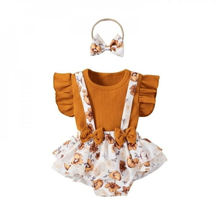 

Promotion!Newborn Baby Girls Clothes Sets Baby Cute Pit Flying Sleeve Shirt + Print Shoulder Strap Trousers + Hair Band Three-piece 0-24M