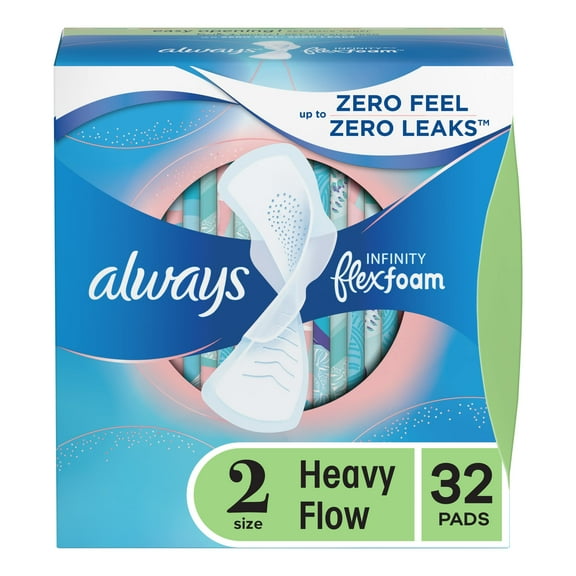 Always Infinity Feminine Pads for Women, Size 2 Heavy Flow Absorbency,with Flexfoam, with Wings, Unscented, 32 Count SHO11