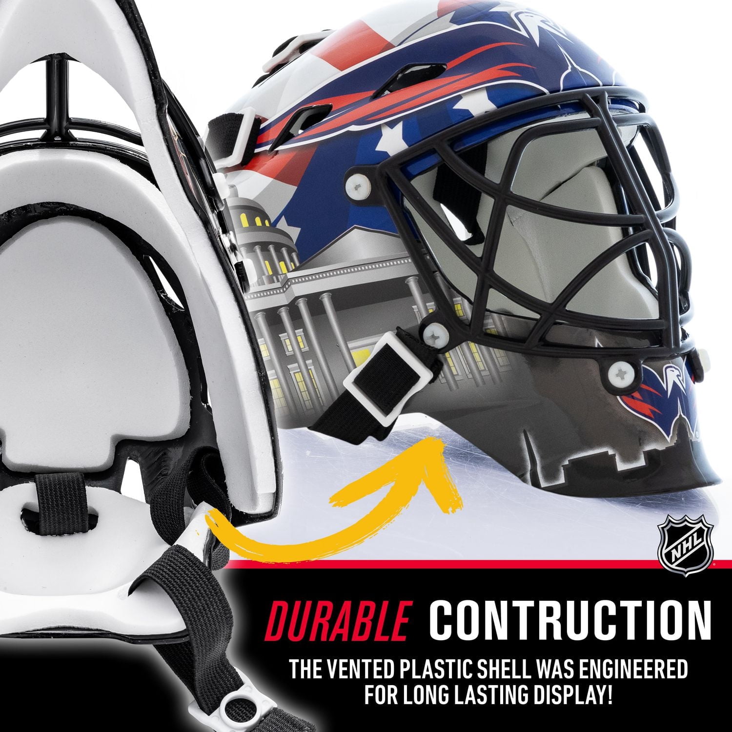 Franklin Sports Mini masque de gardien de but de hockey avec logo de l'équipe de la NHL de Capitals avec étui – Masque de gardien de but de collection avec logos et couleurs officiels de la NHL