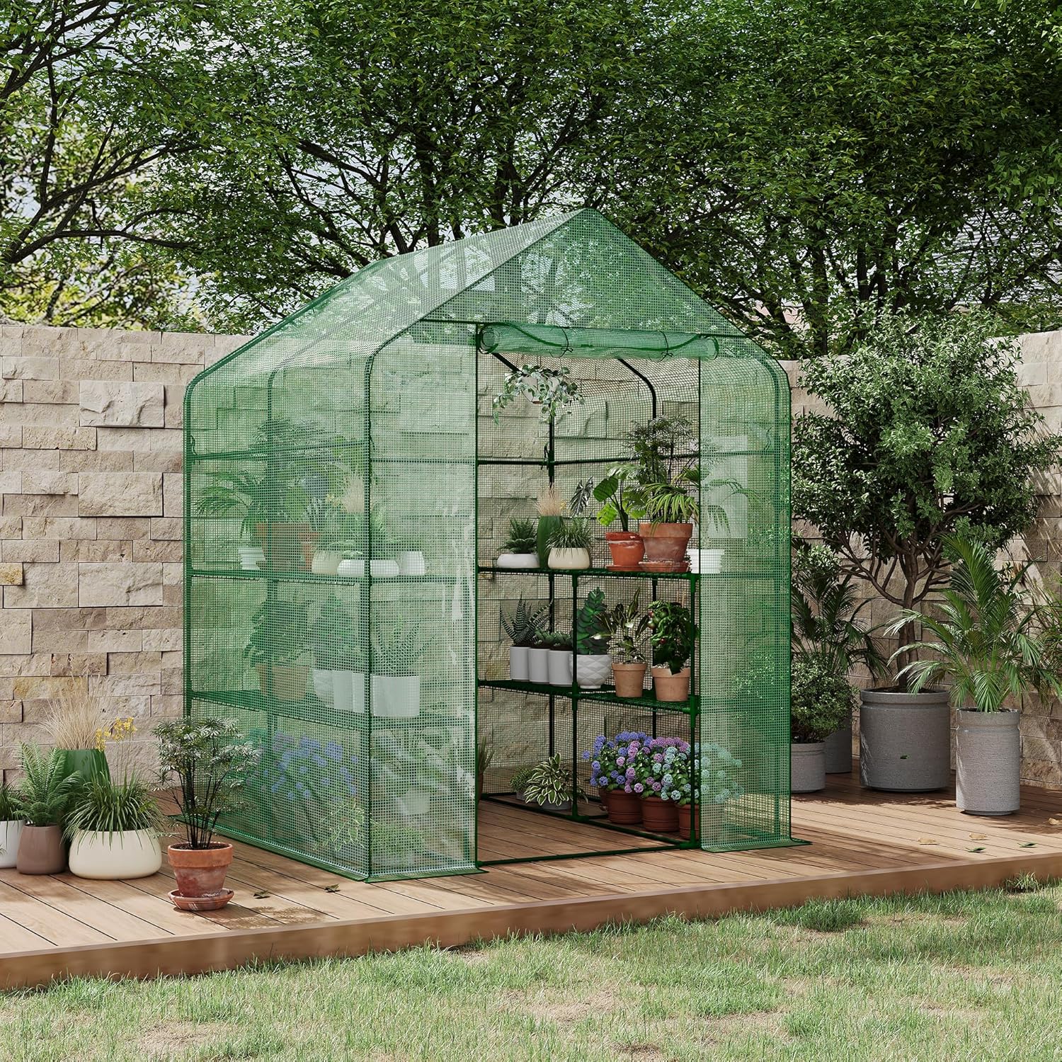 Yiwa 57"x57"x77" Portable Greenhouse with Thickened PE Cover & Roll-up Zipper Door - Walk-in Tunnels for Seedlings, Flowers, 12-Tier Shelves
