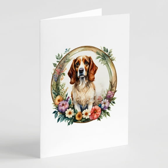 Brittany Spaniel and Flowers Greeting Cards and Envelopes Pack of 8 7 in x 5 in