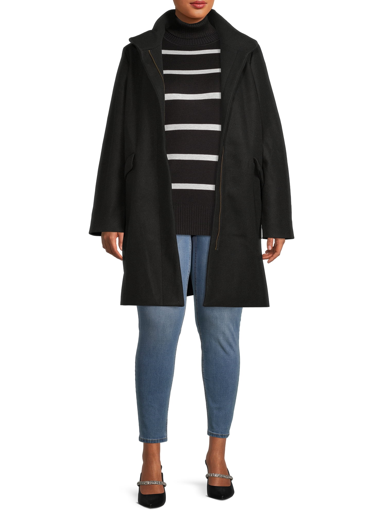 Time and Tru Women’s and Plus Faux Wool Funnel Neck Coat