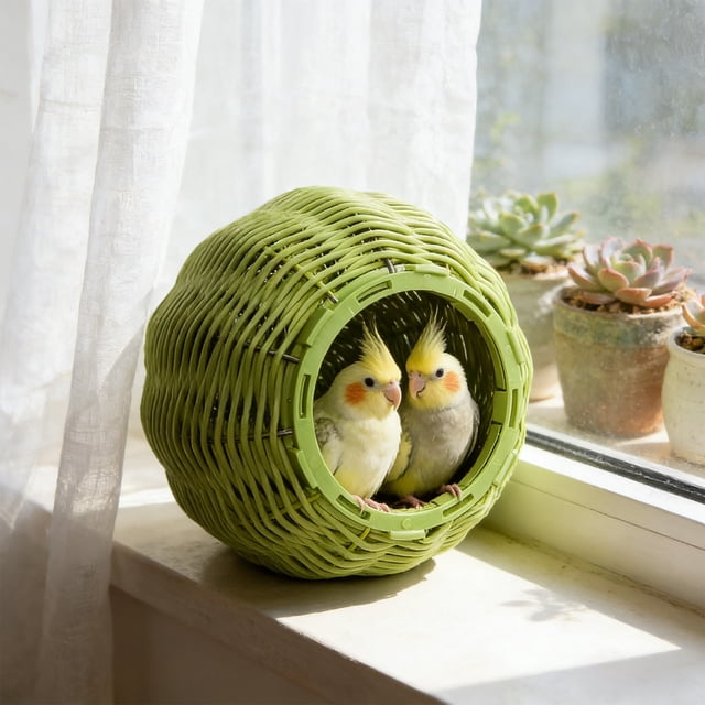 Casita para pájaros de fosa tejida para dormir Small Birds – Cama nido de jaula de ratán de plástico, marrón azul-verde, 14×15 cm, resistente a la masticación, lavable, fácil de instalar