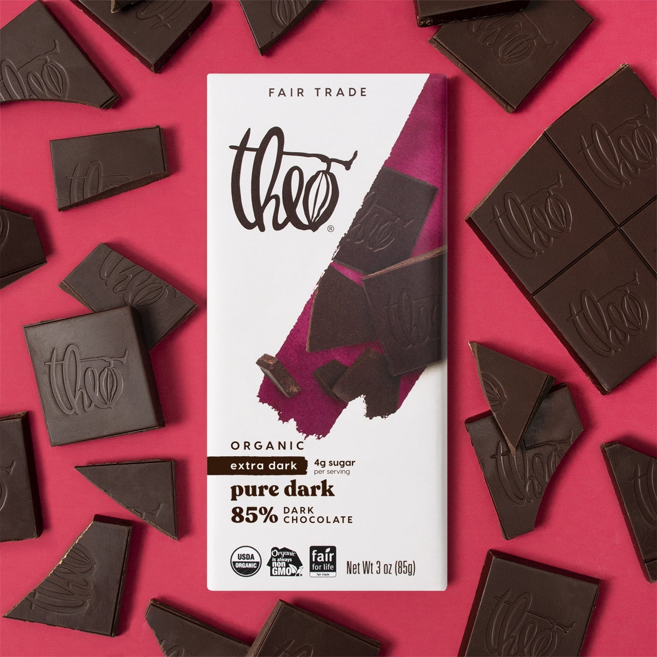 Theo Chocolate Pure 85% Dark Chocolate Bar | 12-Pack | Organic & Fair Trade