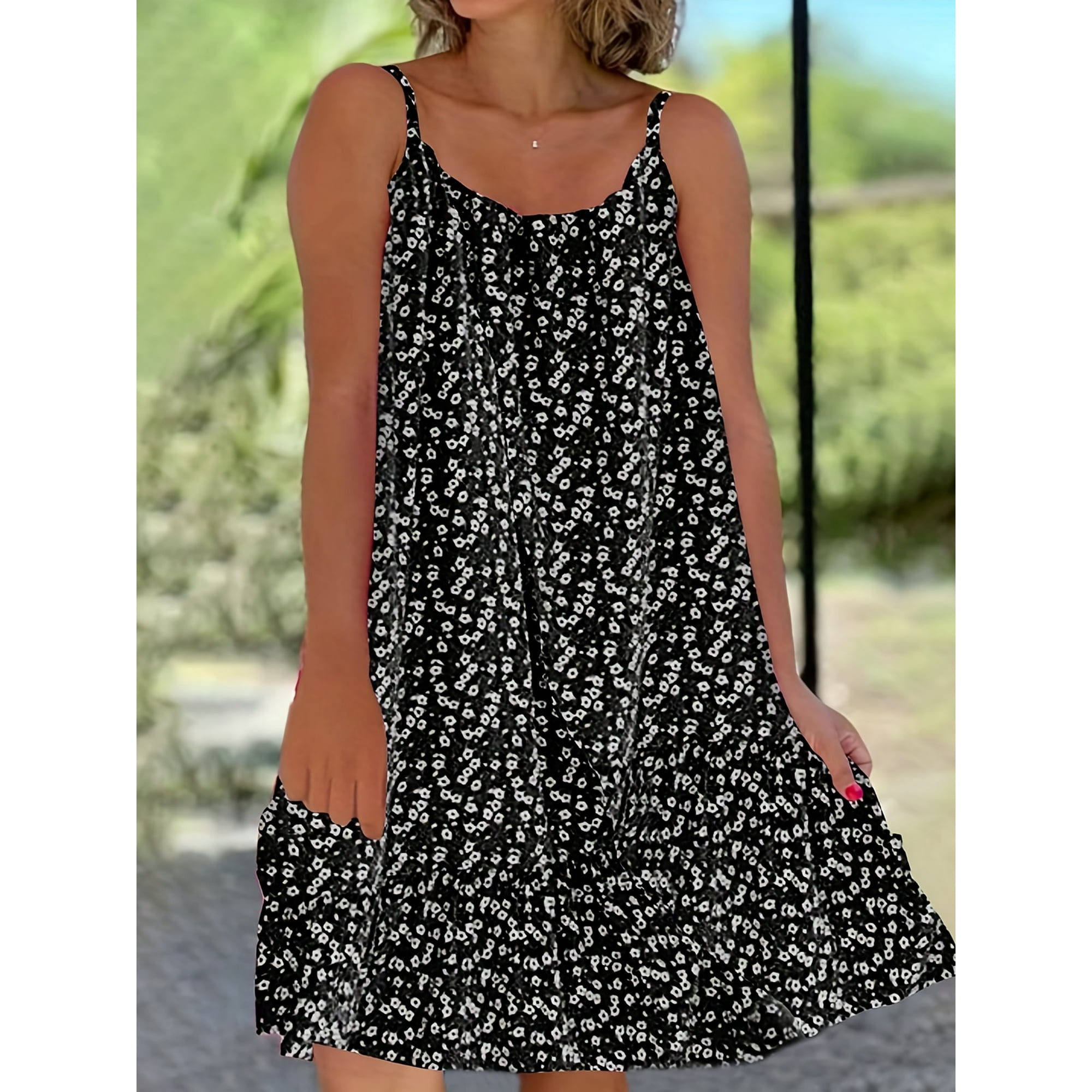 Plus Size Casual Cami Dress Women s Plus Ditsy Print Elastic Round Neck Medium Stretch Smock Cami Dress Walmart