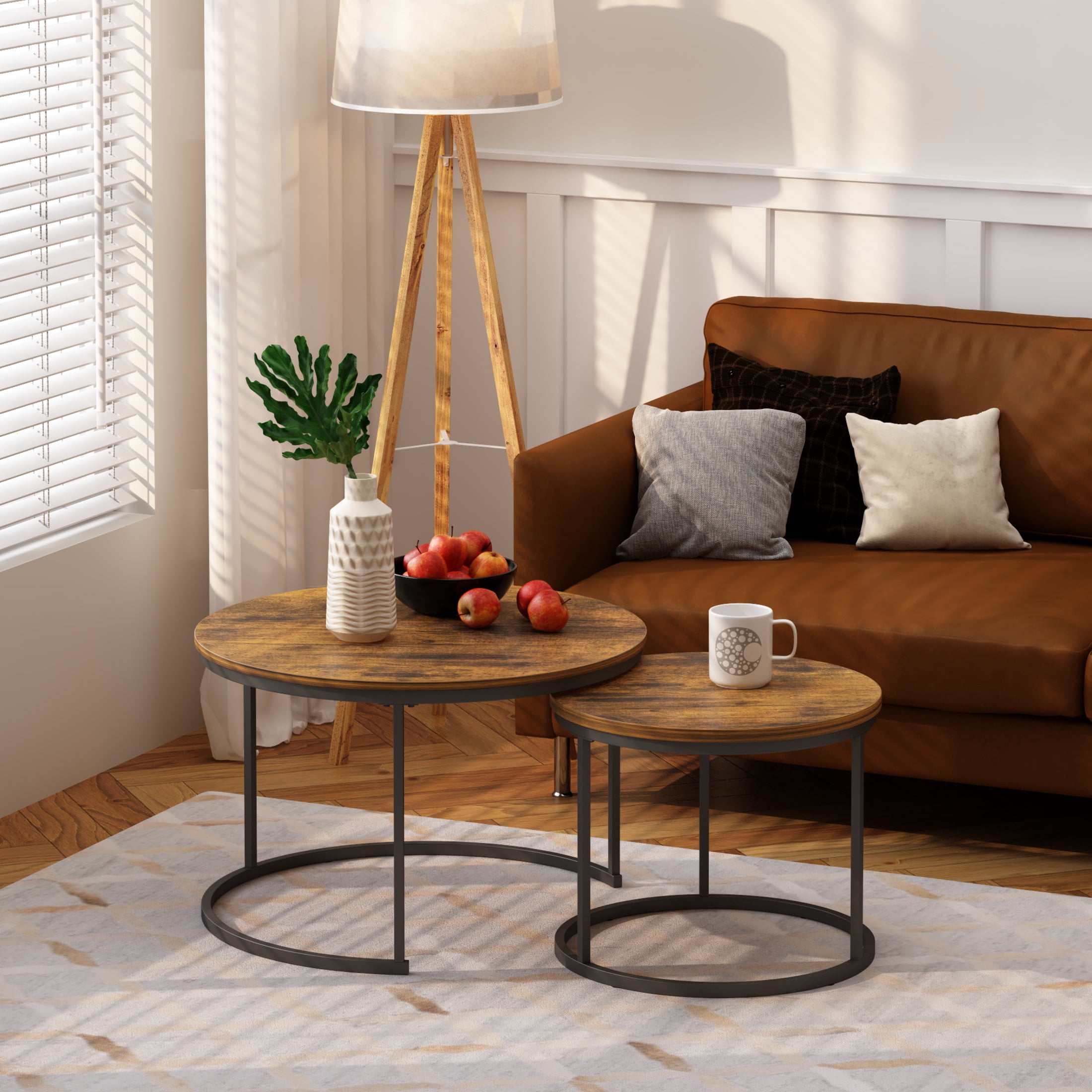 Noble House Lazura 27.6" Grain Look Nesting Coffee Table Set, Round MDF Top with Metal Base, Rustic Brown, Set of 2