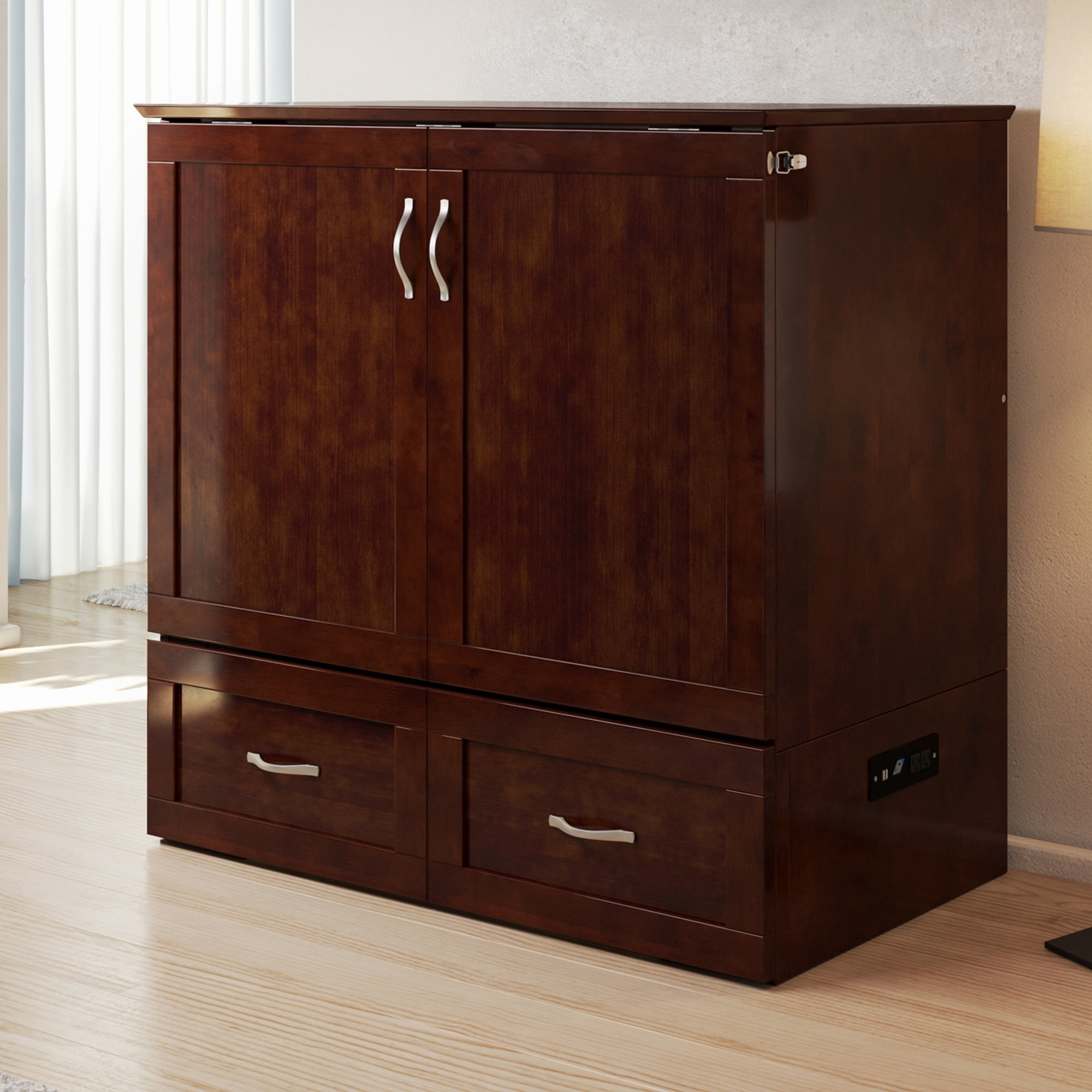 AFI Hamilton Twin-XL Wood Murphy Bed Chest with 6" Mattress, Drawer & Charger, Walnut