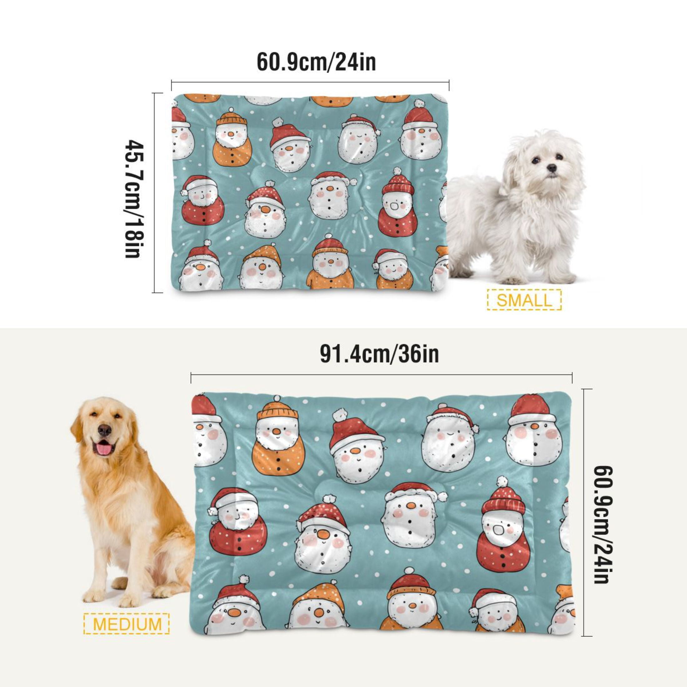 Cozy Mat Pet Bed Indoor Outdoor Warm Soft For Cat Dog Puppy(S/M) Snowmen Wearing Red and Orange Hats