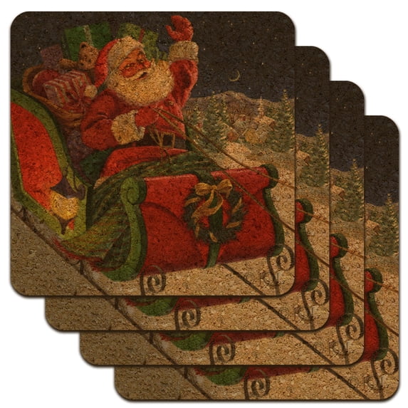 Christmas Holiday Santa Merry Sleigh Ride Low Profile Novelty Cork Coaster Set
