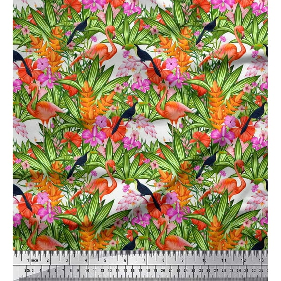 Soimoi Poly Georgette Fabric Floral,Toucan & Flamingo Bird Print Fabric by The Yard 52 Inch Wide