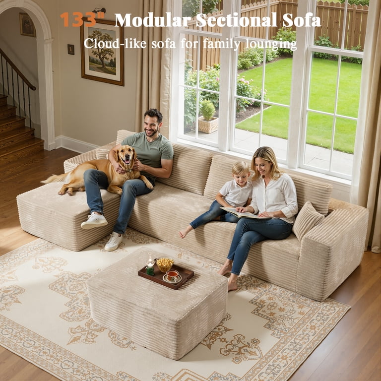 U-Shape Corduroy Sectional Sofa With Dual Chaise - Deep-Seat Cloud Couch, Modular, 6-Seater, Black