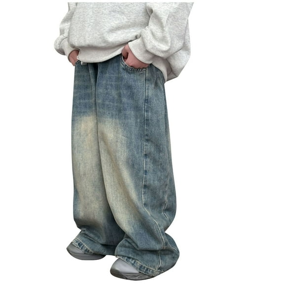 DeHolifer Jeans for Kids Cotton Elastic Waisted Solid Color Wide Leg Baggy Comfy Boys Deinm Pants with Pocket,11 Years