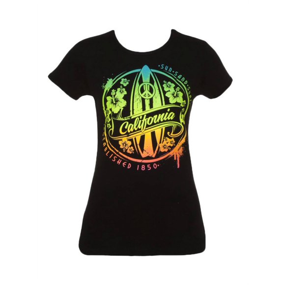 Cali T-Shirt à Manches Courtes pour Femmes - Cali Surfboard - Très Grand Noir