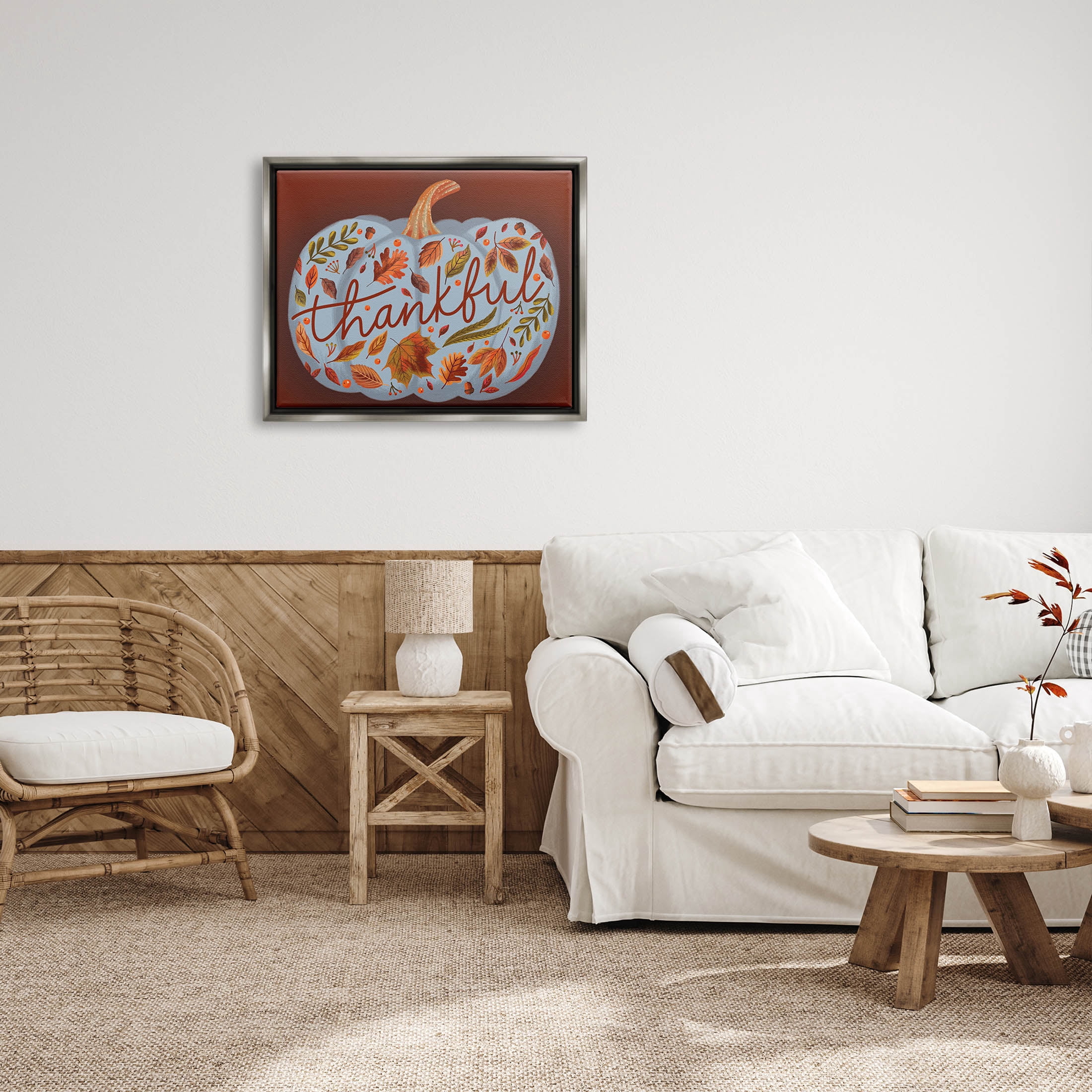 Thankful Leaf Patterned Pumpkin Holiday Graphic Art Luster Gray Framed Art Print Wall Art