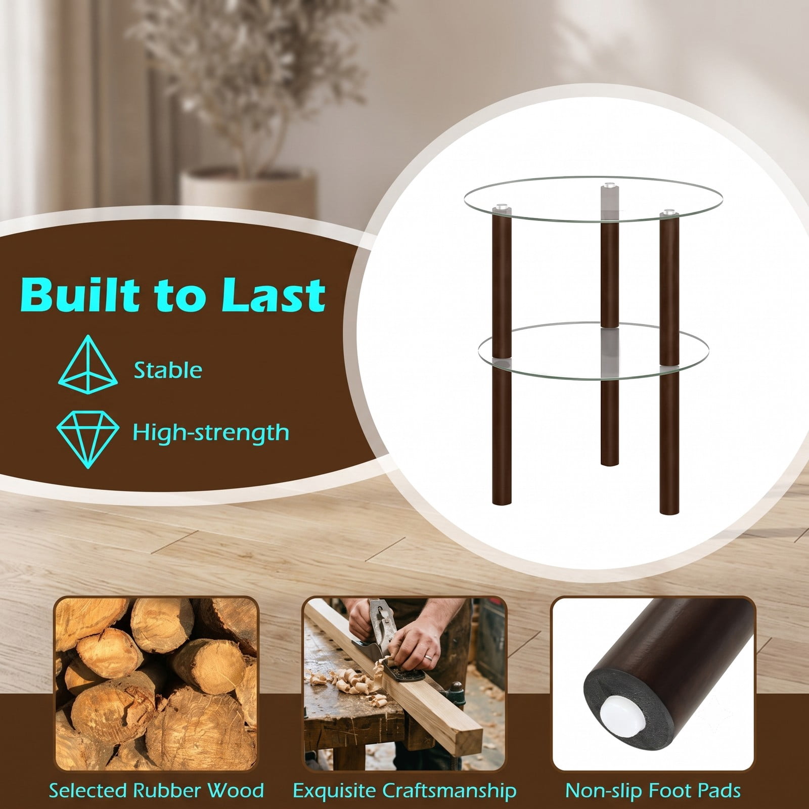 Furnibear 2-Tier Round End Table with Clear Tempered Glass Top and Storage Shelf, Rubber Wood Legs Side Sofa Nightstand for Living Room Bedroom, Brown