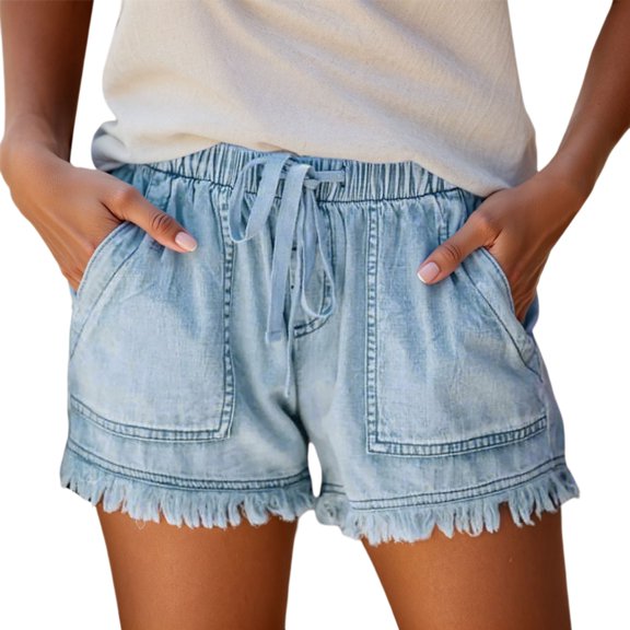 xingwang Clearance Jean Shorts for Women High Waisted,Jeans Denim Bandage Pocket Bottom Tassel Casual Pants Shorts Female Womens Pants Light Blue XS