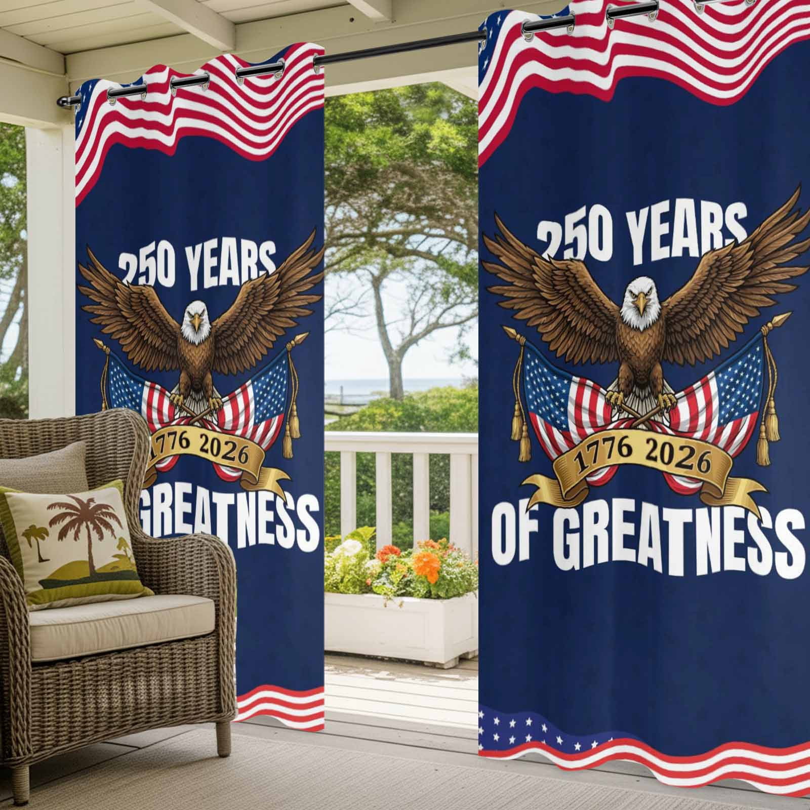 4th of July Outdoor Curtains for Patio, Years of Greatness Bald Eagle Blue Red USA Flag Sunshade Privacy Drapes Grommet Waterproof Outside Curtains for Porch/Cabana/Balcony 54"x 108", 1 Panel