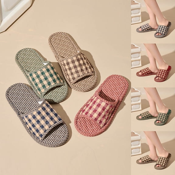 Kilaqueen Checkered House Shoes for Women, Indoor Silent Cloth Sole Slippers, Non-Slip Memory Foam Open-Toe Home Shoes Indoor and Outdoor, Christmas Gifts