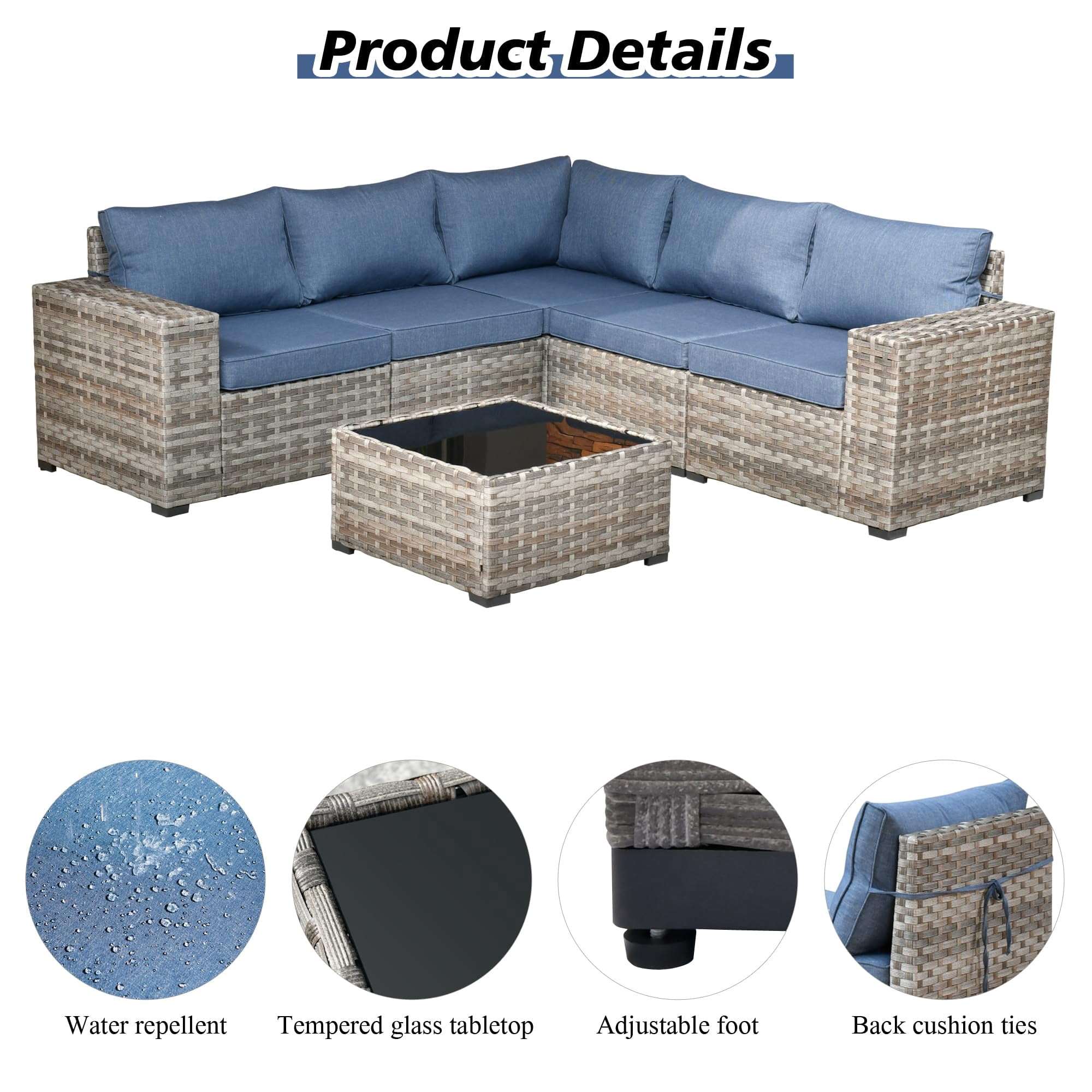 Vcatnet 6 Pieces Patio Furniture Outdoor Sectional Sofa Wicker Conversation Set with Coffee Table for Garden,Poolside,Denim blue
