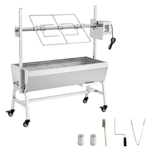 KFFKFF Rotisserie Grill with 38W Motor, Outdoor BBQ Spit Roaster for Pig & Lamb, Charcoal Grill with 132 lbs Capacity, Adjustable 7-Level Height, Stainless Steel Design with Wheels