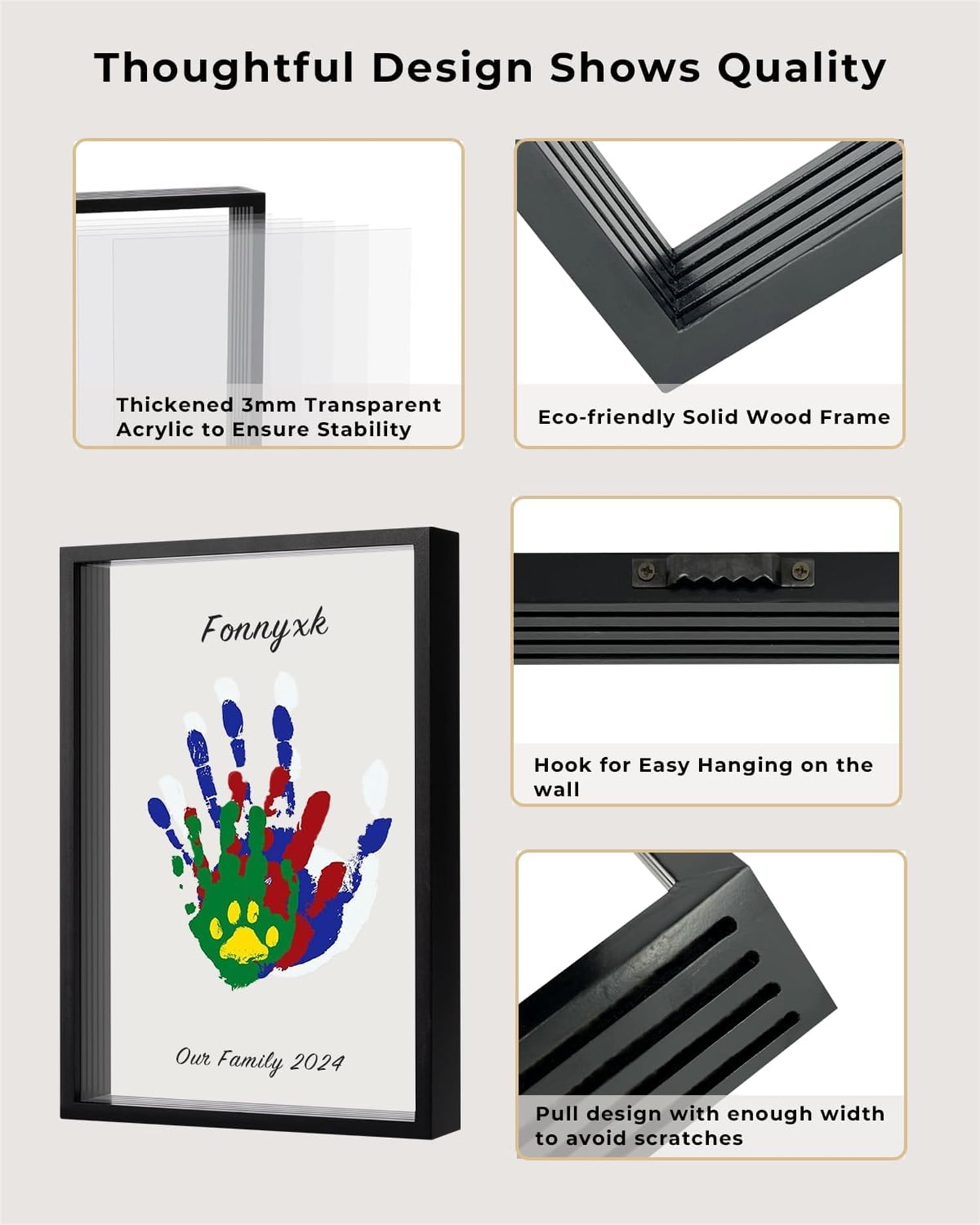 DIY Family Handprint Frame,Happon DIY Craft Keepsake Wooden Frame,Personalized Baby Hand and Footprint Gifts for New Parents Family,Family Handprint Kit with 6 Acrylic Paint Colors and Clear Sheets