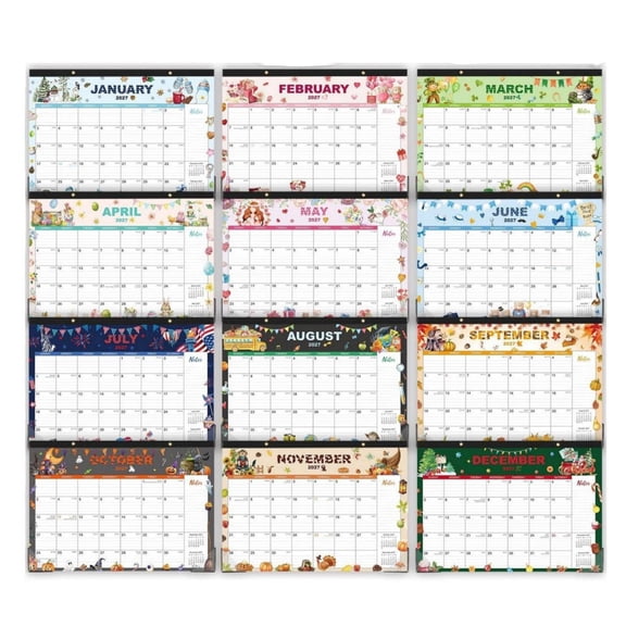 2027 Wall Calendar Monthly Planner Illustrated Hanging Calendar Large Grid with Notes Home Schedule Organizer