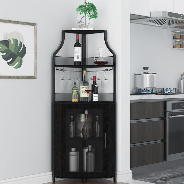 Armoire de Bar d'Angle, Armoire à Vin Moderne avec Tablettes de Rangement et Porte en Treillis, Armoire de Rangement pour Alcools de Bar à Domicile avec Support en Verre pour Salon, Salle à Manger