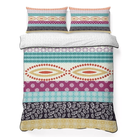 Twin Quilt Bedding Set Abstract Boho Flower Leaf Breathable Summer Cooling Blanket for Hot Sleepers Traditional Ethnic Stripe Plaid Lightweight Soft Bedding Set with 2 Pillow Shams for All Season