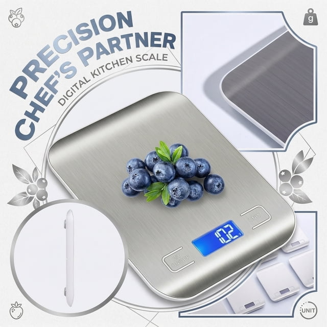 Stainless Steel Digital Kitchen Scale, High-Precision Food Scale with Backlit LCD, Multi-Unit Gram Scale for Baking & Cooking