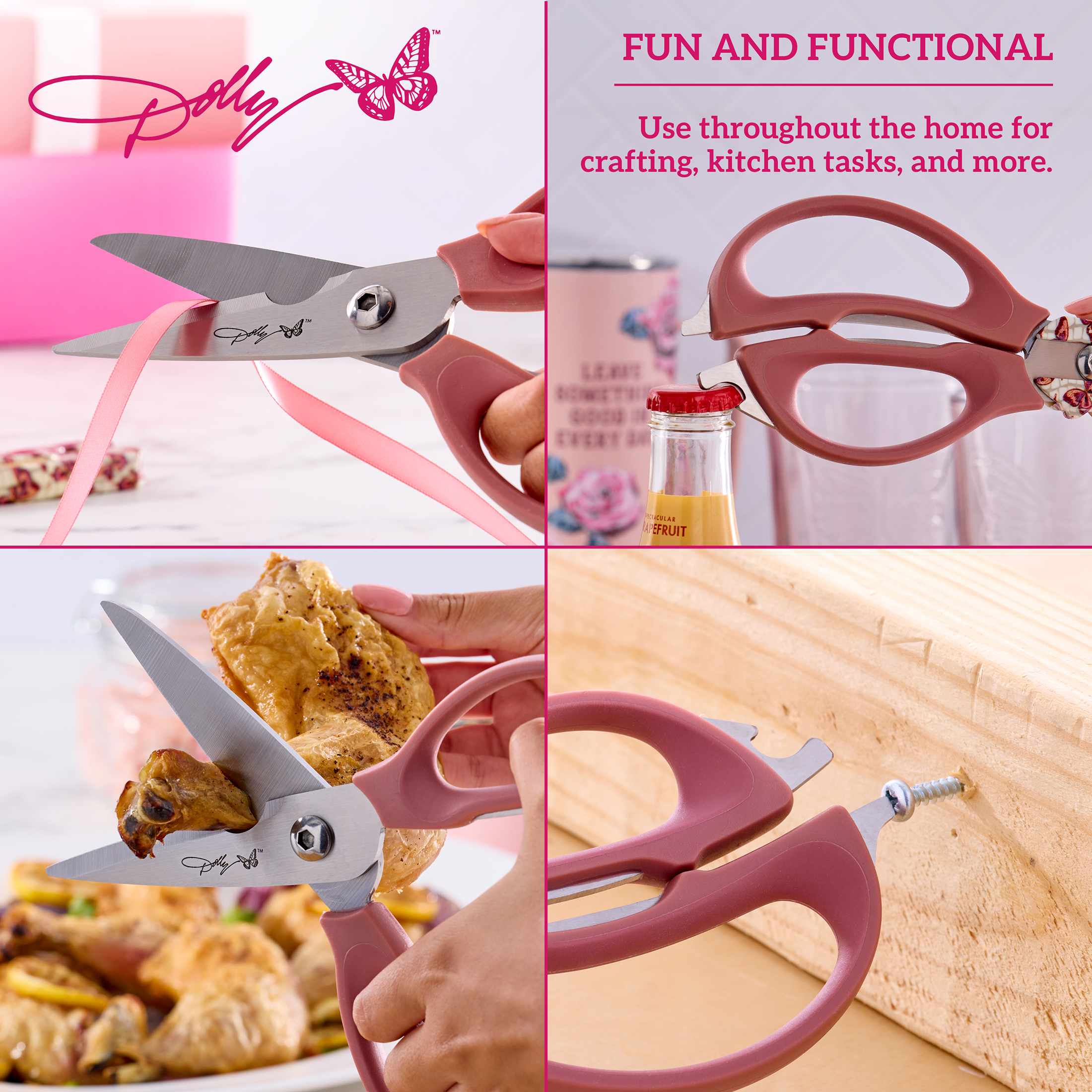 Dolly Parton 4-in-1 Kitchen Scissors with Pink Butterfly Pattern for Everyday Use