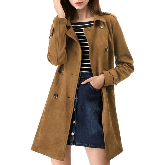INSPIRE CHIC Women's Notched Lapel Double Breasted Faux Suede Trenchcoat XS Brown