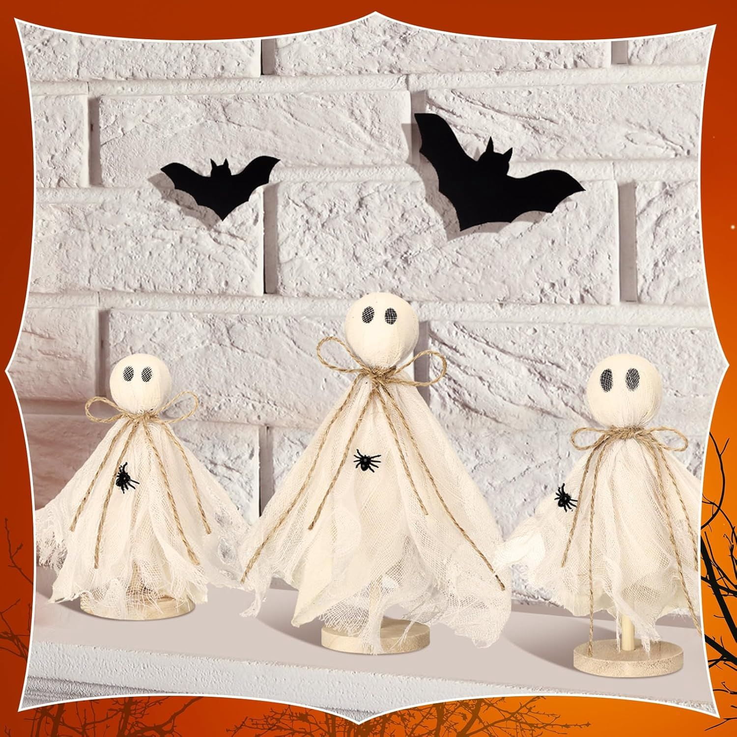 3 Pcs Halloween Decorations Indoor Primitive Halloween Ghost on Wooden Stand Spooky Ghost Tiered Tray Decor Rustic Table Centerpiece for Home Office Mantel Shelf Party Supplies(Beige)